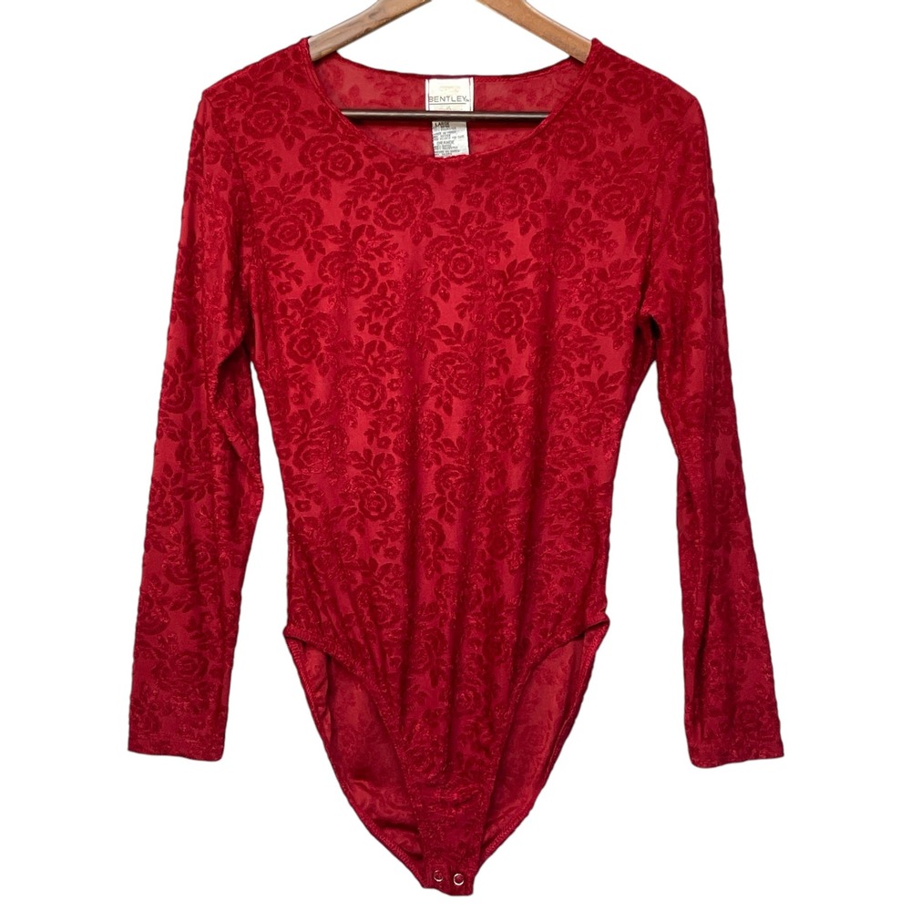 TR Bentley Vintage Red Floral Burnout Long Sleeve Bodysuit Womens Large Rose 90s